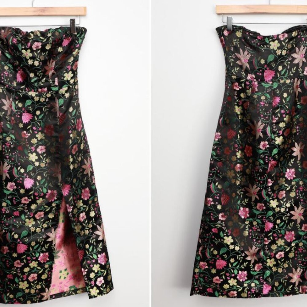 Lulu's Black Strapless Floral Midi Dress with Pink, Yellow & Green Accents - Picture 6 of 9